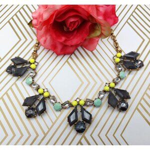 J.Crew Gold Tone Chain Gray Crystal Blue Bead Collar Length Statement Necklace